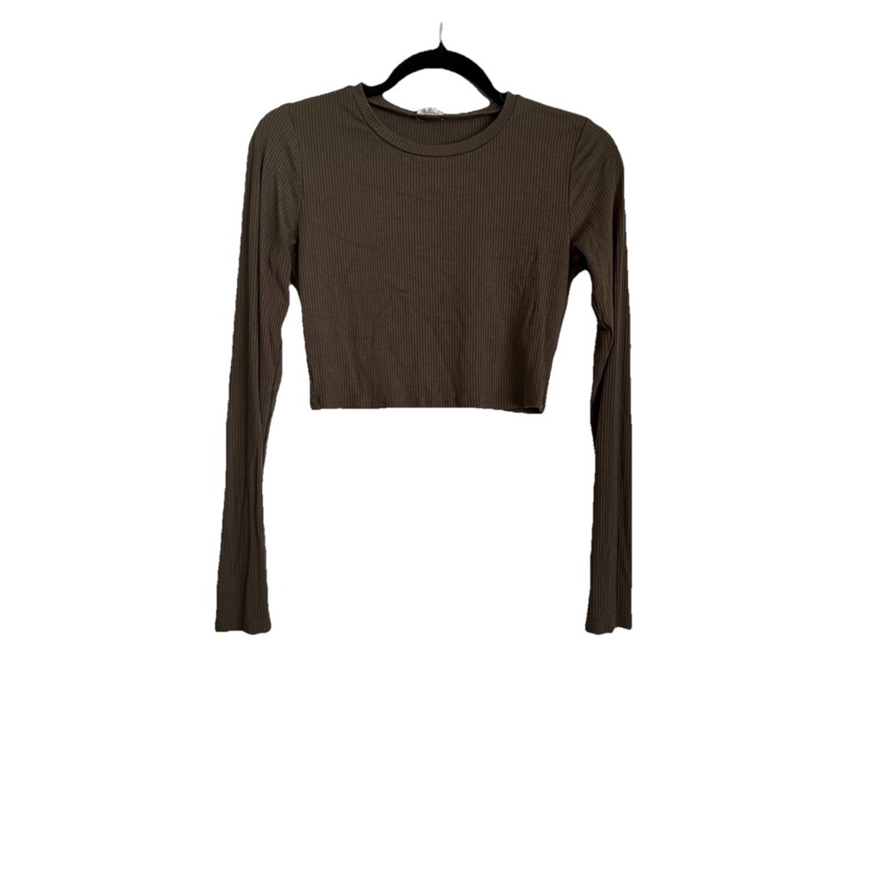 Garage Ribbed Crew Neck Long Sleeve Cropped Knit T-Shirt Brown Sz M